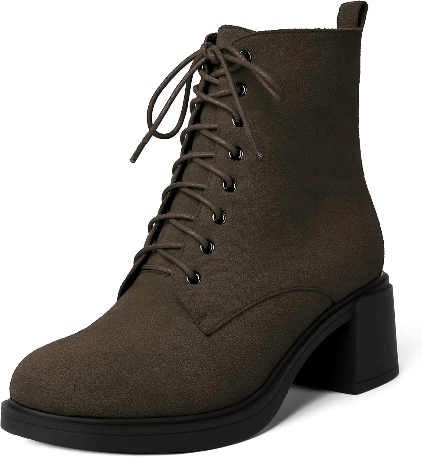 MERRORI Womens Combat Booties Casual Lace Up Solid Round Toe Suede Block Mid Heel Ankle High Boots 2.5 Inch