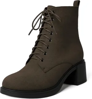 MERRORI Womens Combat Booties Casual Lace Up Solid Round Toe Suede Block Mid Heel Ankle High Boots 2.5 Inch