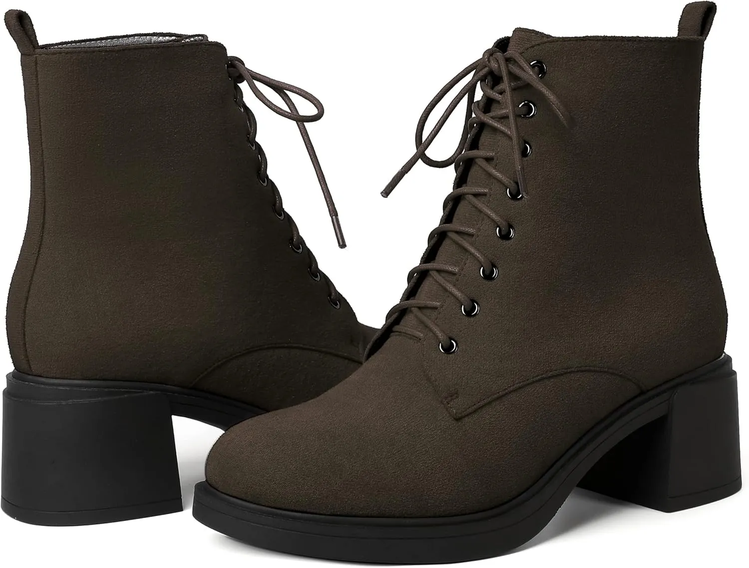 MERRORI Womens Combat Booties Casual Lace Up Solid Round Toe Suede Block Mid Heel Ankle High Boots 2.5 Inch