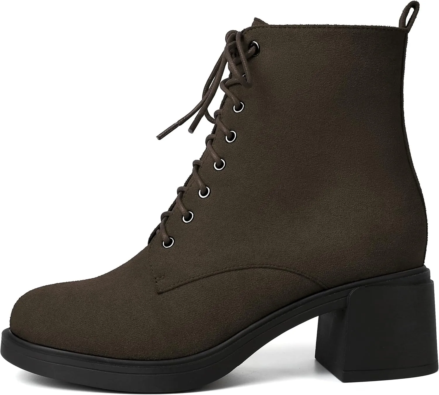 MERRORI Womens Combat Booties Casual Lace Up Solid Round Toe Suede Block Mid Heel Ankle High Boots 2.5 Inch