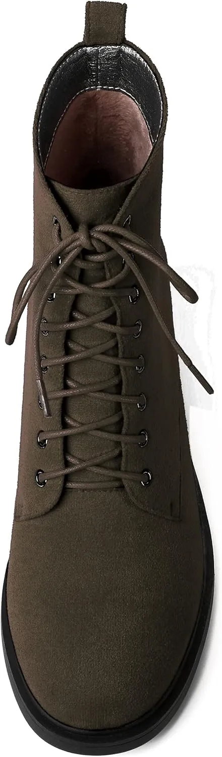 MERRORI Womens Combat Booties Casual Lace Up Solid Round Toe Suede Block Mid Heel Ankle High Boots 2.5 Inch