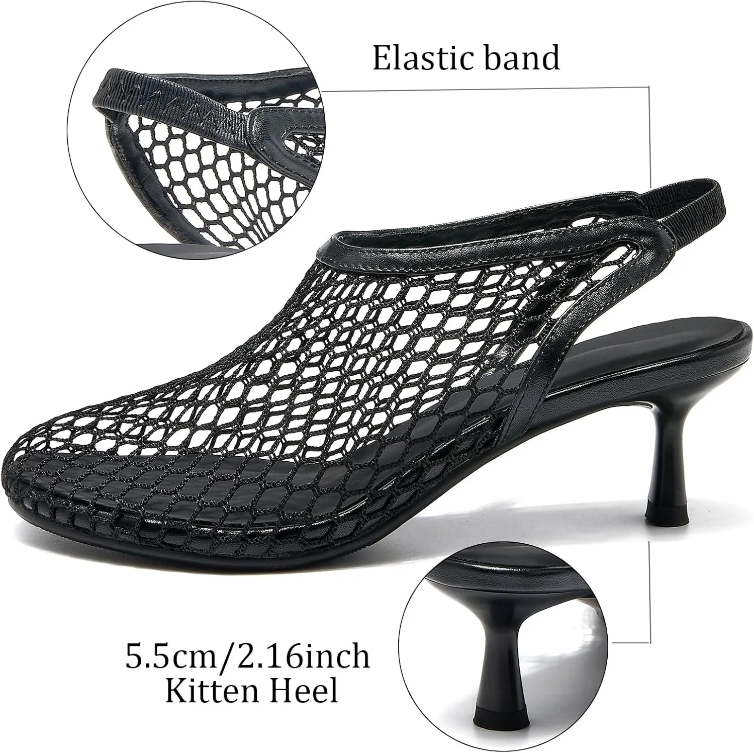 Mesh Heeled Sandals Slingback Pumps for Women Low Kitten Heels Close Toe Dress Casual