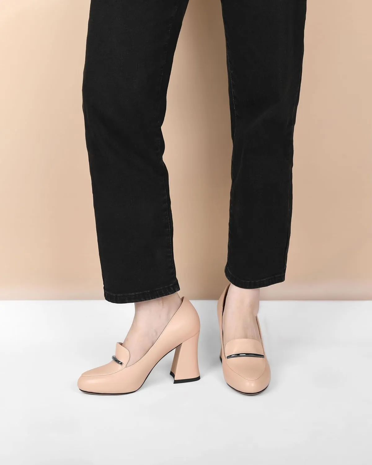 Mettesally Womens Slip On Loafer Heels High Chunky Pumps Block Round Toe 3.1 Inches Matte Elegant Shoes
