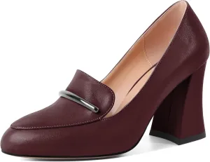 Mettesally Womens Slip On Loafer Heels High Chunky Pumps Block Round Toe 3.1 Inches Matte Elegant Shoes