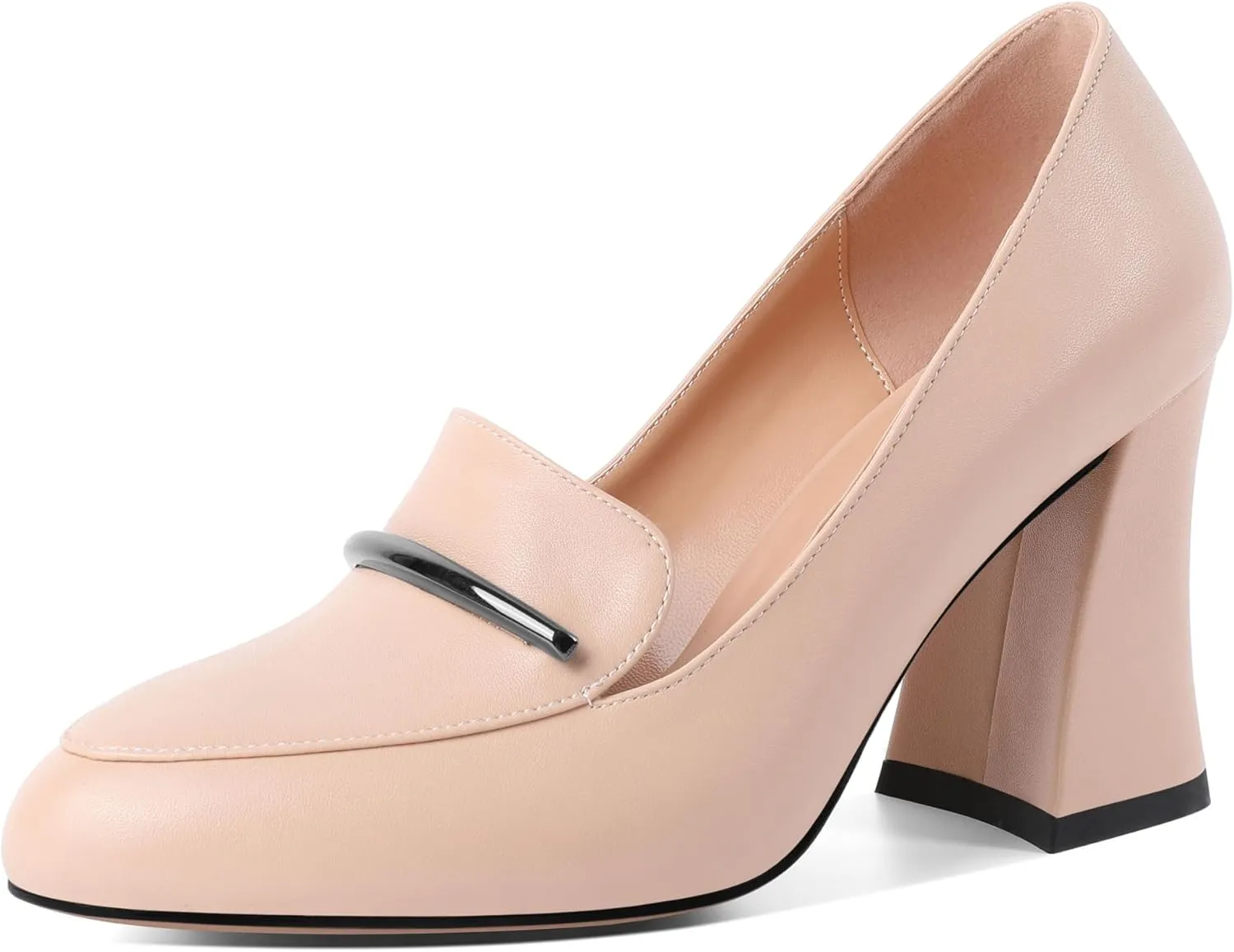 Mettesally Womens Slip On Loafer Heels High Chunky Pumps Block Round Toe 3.1 Inches Matte Elegant Shoes