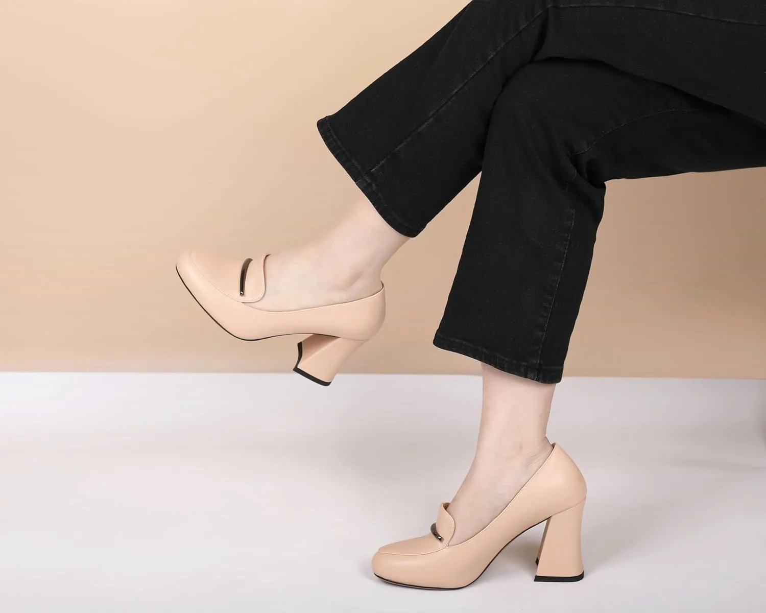 Mettesally Womens Slip On Loafer Heels High Chunky Pumps Block Round Toe 3.1 Inches Matte Elegant Shoes