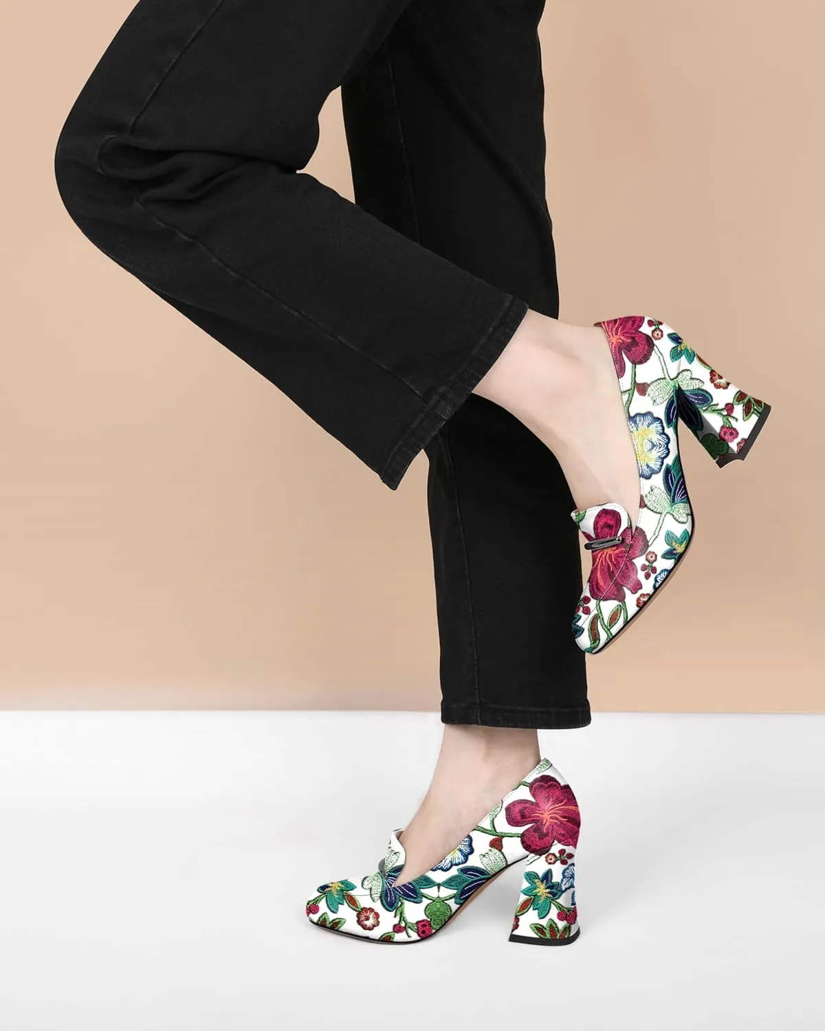 Mettesally Womens Slip On Loafer Heels High Chunky Pumps Block Round Toe 3.1 Inches Matte Elegant Shoes