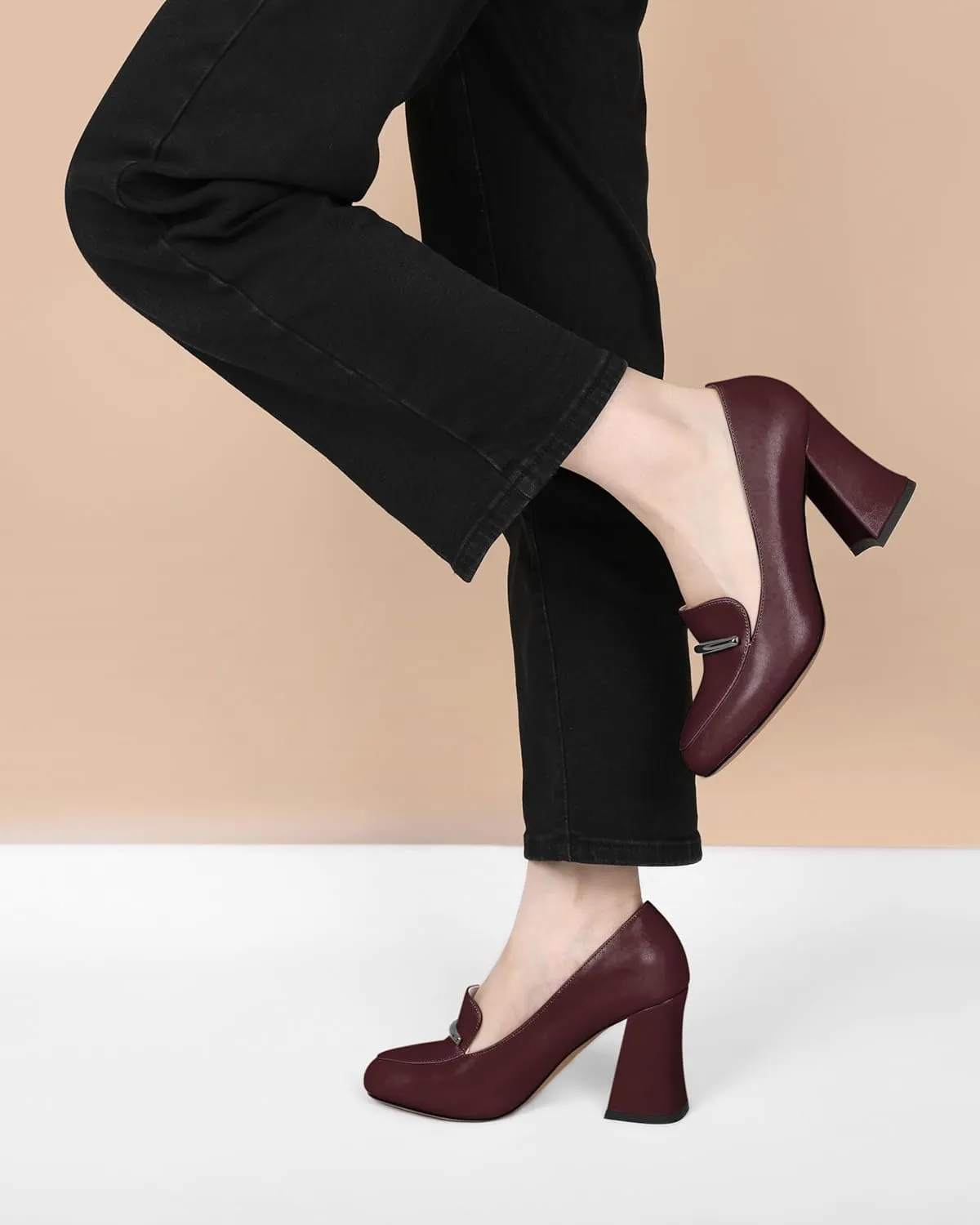 Mettesally Womens Slip On Loafer Heels High Chunky Pumps Block Round Toe 3.1 Inches Matte Elegant Shoes