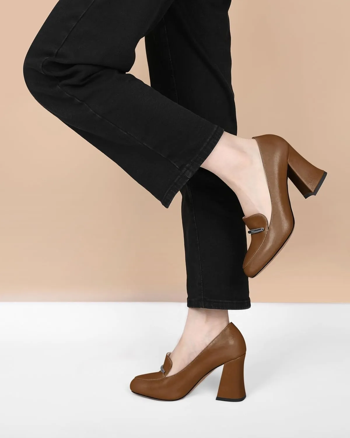 Mettesally Womens Slip On Loafer Heels High Chunky Pumps Block Round Toe 3.1 Inches Matte Elegant Shoes