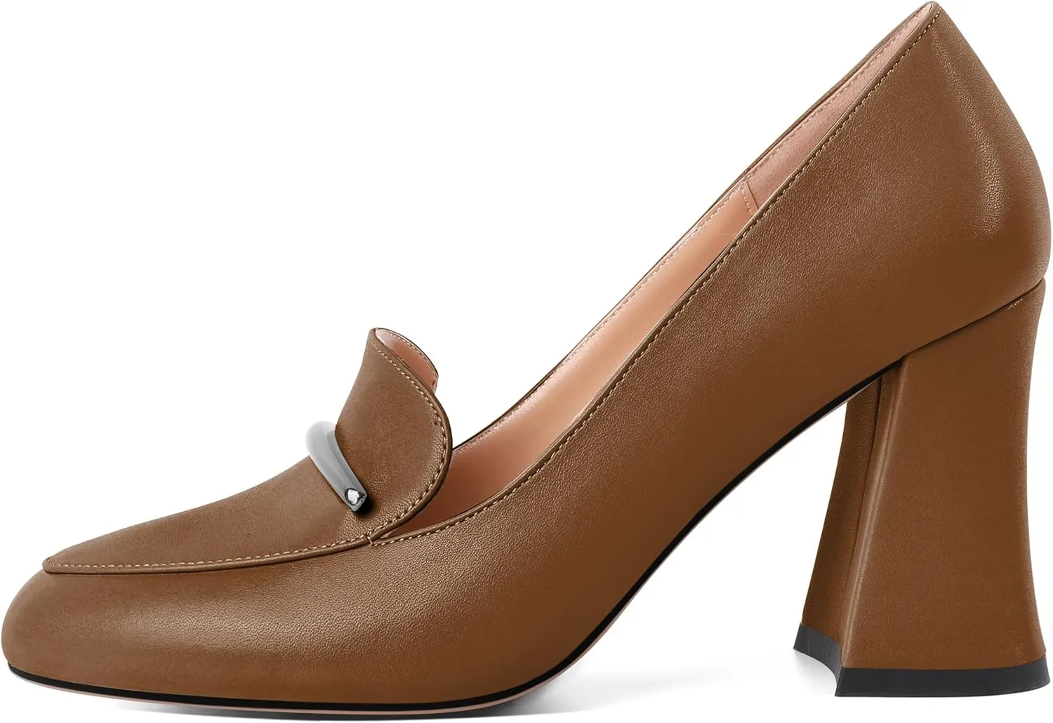 Mettesally Womens Slip On Loafer Heels High Chunky Pumps Block Round Toe 3.1 Inches Matte Elegant Shoes