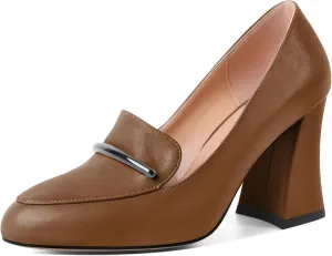 Mettesally Womens Slip On Loafer Heels High Chunky Pumps Block Round Toe 3.1 Inches Matte Elegant Shoes