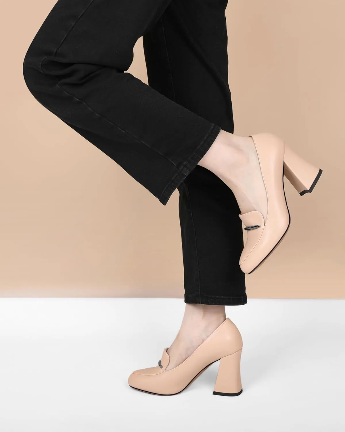 Mettesally Womens Slip On Loafer Heels High Chunky Pumps Block Round Toe 3.1 Inches Matte Elegant Shoes