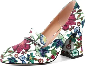 Mettesally Womens Slip On Loafer Heels High Chunky Pumps Block Round Toe 3.1 Inches Matte Elegant Shoes
