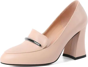 Mettesally Womens Slip On Loafer Heels High Chunky Pumps Block Round Toe 3.1 Inches Matte Elegant Shoes