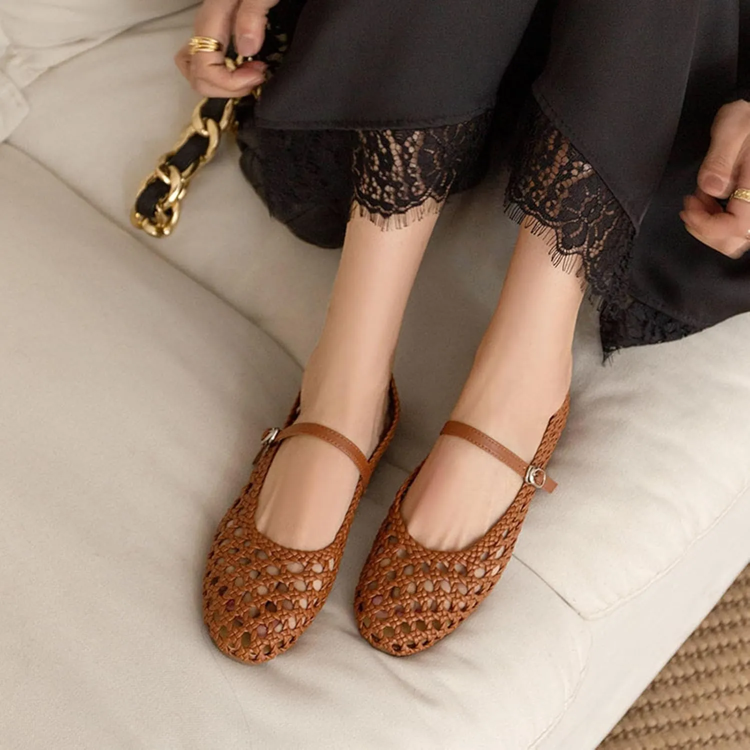 MICIFA Ballet Flats Round Toe Bow Fishnet Mary Jane Flats Dress Wedding Ballerinas Shoes