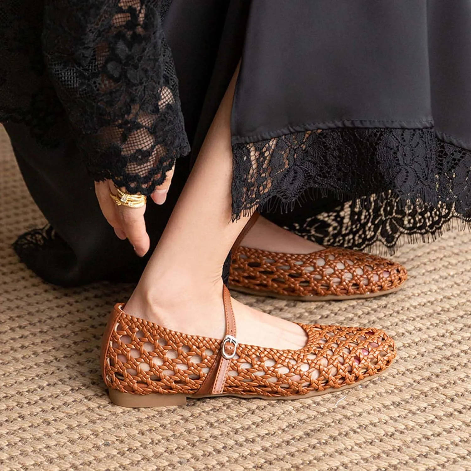 MICIFA Ballet Flats Round Toe Bow Fishnet Mary Jane Flats Dress Wedding Ballerinas Shoes