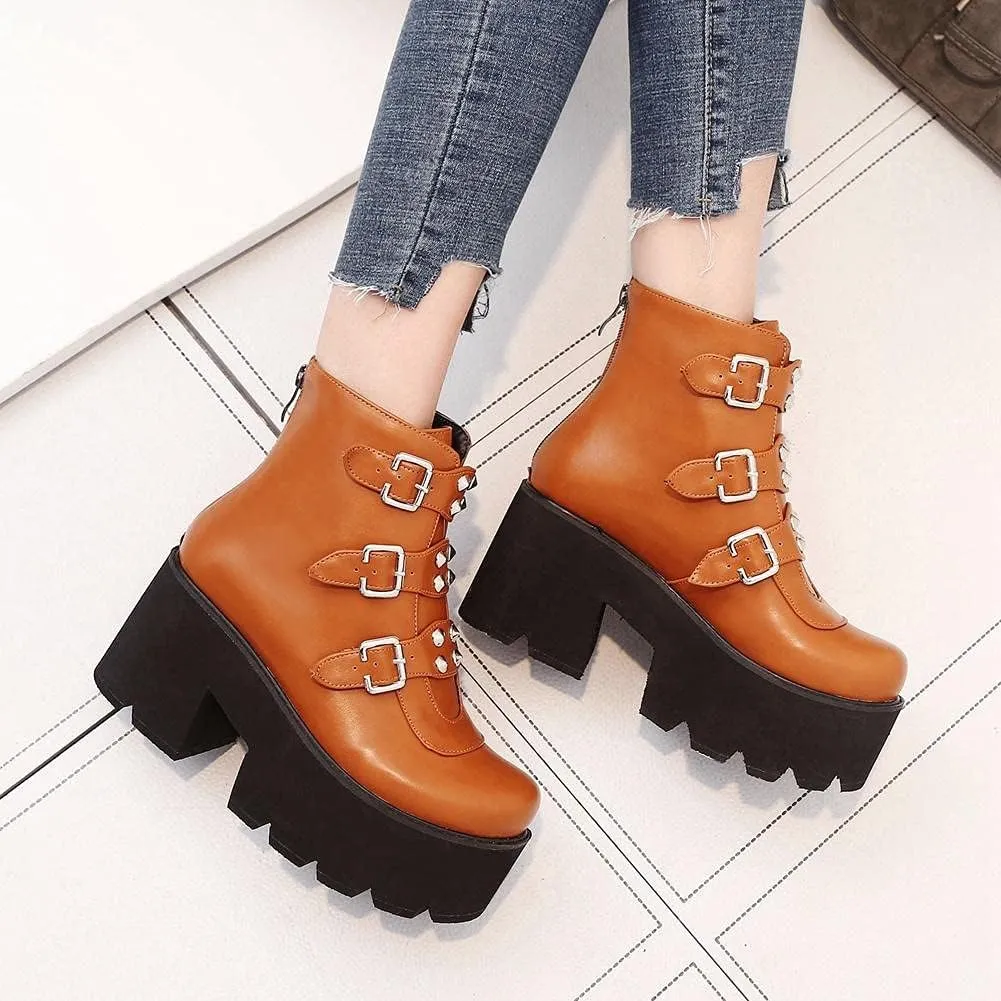 mikarka Goth Ankle Boots for Women, Zipper Studded Chain Mid Chunky Heel Platform Combat Ankle Booties Motorcycle Riding Mid Calf Boots