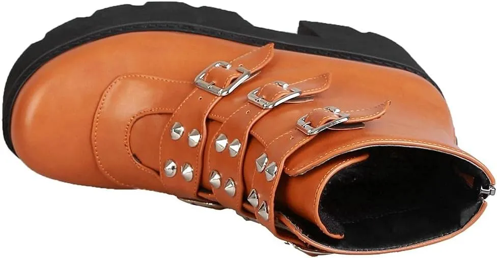 mikarka Goth Ankle Boots for Women, Zipper Studded Chain Mid Chunky Heel Platform Combat Ankle Booties Motorcycle Riding Mid Calf Boots