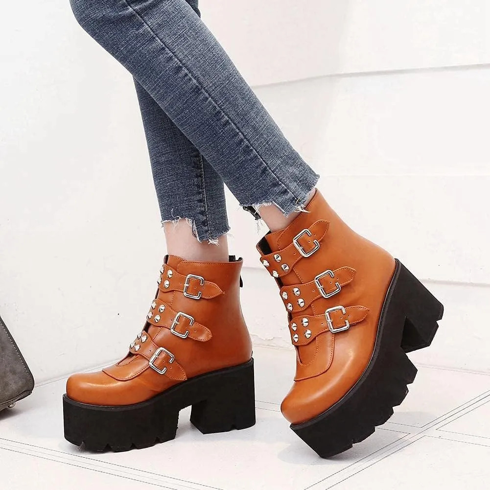 mikarka Goth Ankle Boots for Women, Zipper Studded Chain Mid Chunky Heel Platform Combat Ankle Booties Motorcycle Riding Mid Calf Boots