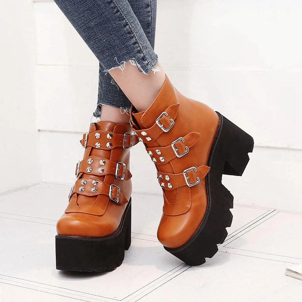 mikarka Goth Ankle Boots for Women, Zipper Studded Chain Mid Chunky Heel Platform Combat Ankle Booties Motorcycle Riding Mid Calf Boots