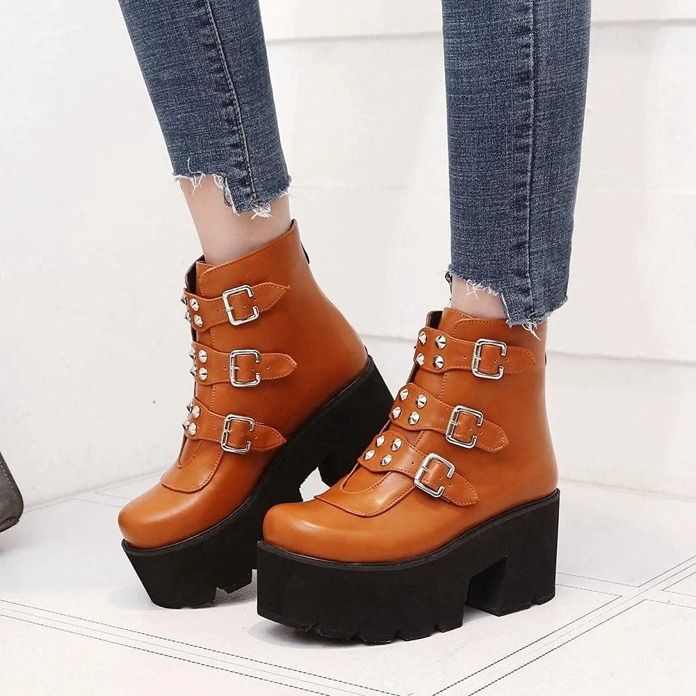 mikarka Goth Ankle Boots for Women, Zipper Studded Chain Mid Chunky Heel Platform Combat Ankle Booties Motorcycle Riding Mid Calf Boots