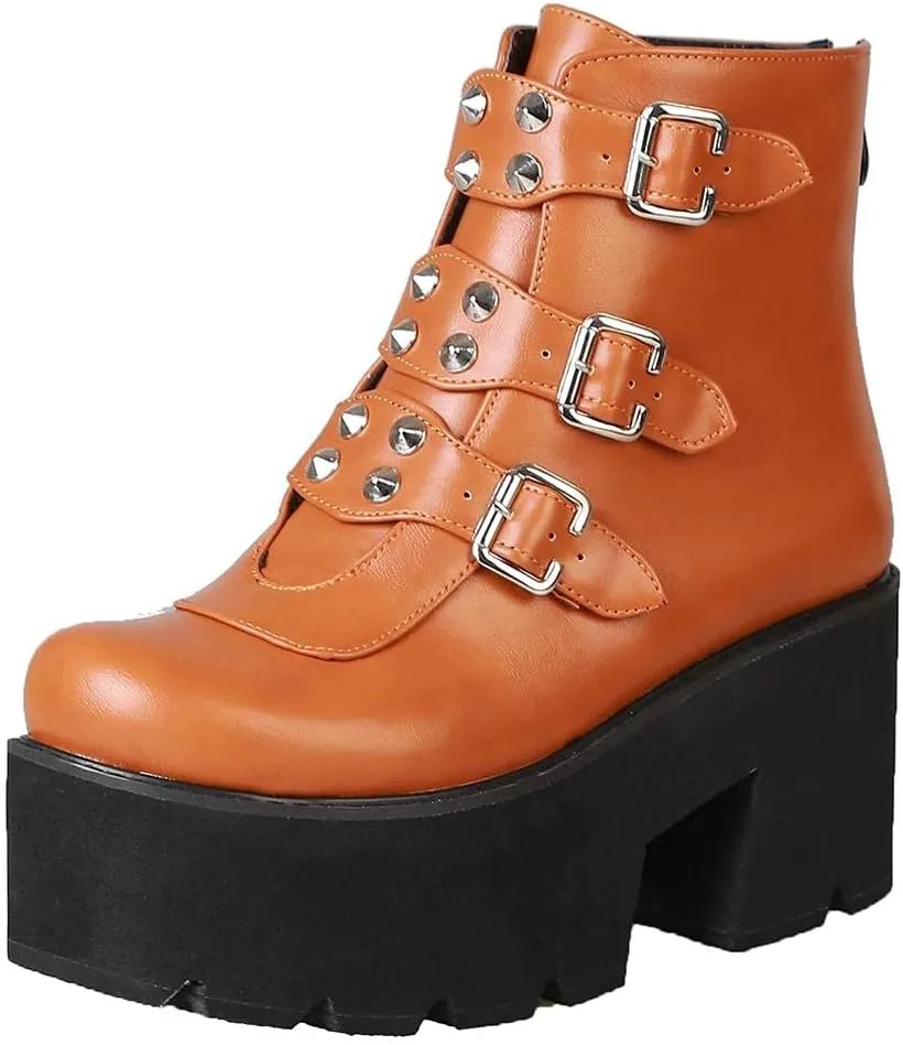 mikarka Goth Ankle Boots for Women, Zipper Studded Chain Mid Chunky Heel Platform Combat Ankle Booties Motorcycle Riding Mid Calf Boots