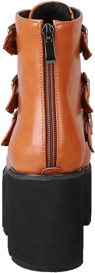mikarka Goth Ankle Boots for Women, Zipper Studded Chain Mid Chunky Heel Platform Combat Ankle Booties Motorcycle Riding Mid Calf Boots