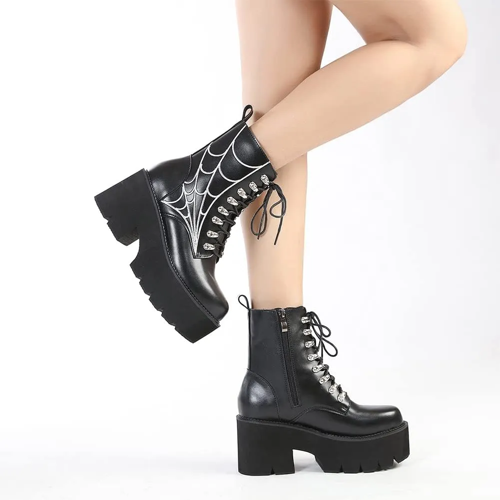 mikarka Women's Chain Platform Boots Lace Up & Zipper Chunky Heel Black Combat Ankle Booties Fashion Studded Motorcycle Boots
