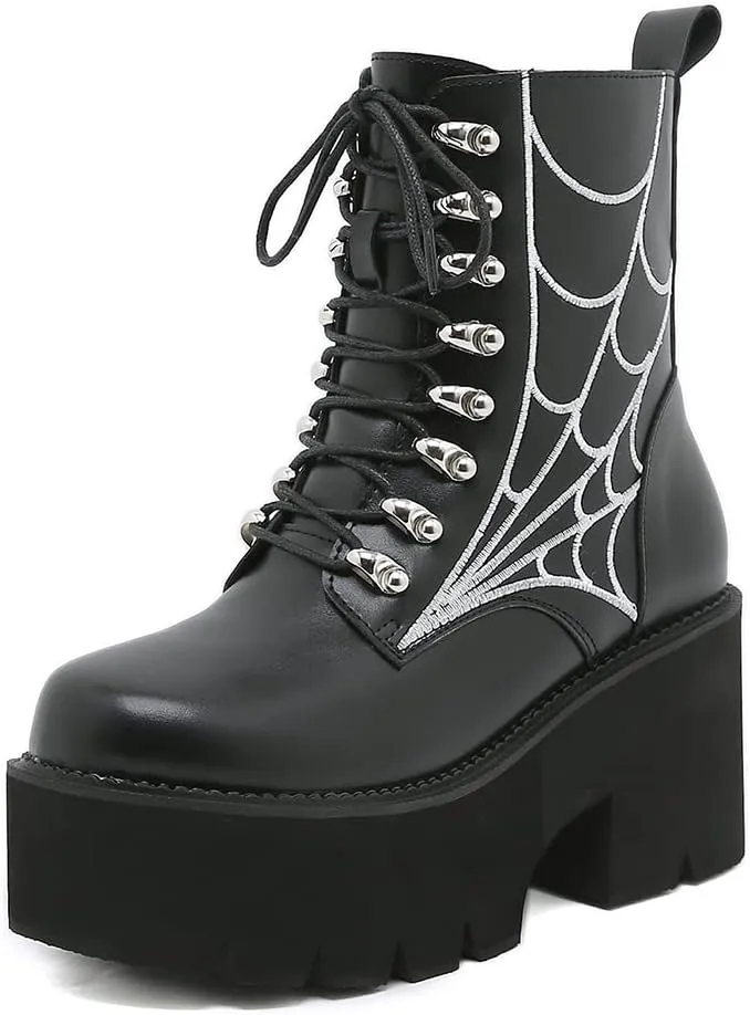 mikarka Women's Chain Platform Boots Lace Up & Zipper Chunky Heel Black Combat Ankle Booties Fashion Studded Motorcycle Boots