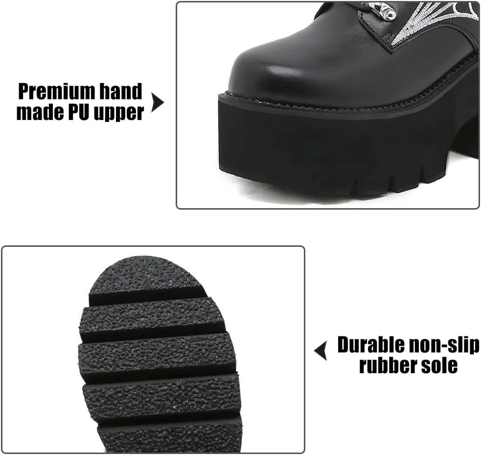 mikarka Women's Chain Platform Boots Lace Up & Zipper Chunky Heel Black Combat Ankle Booties Fashion Studded Motorcycle Boots