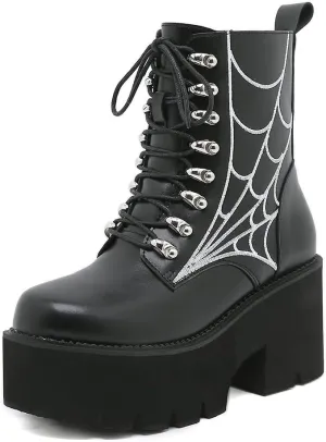 mikarka Women's Chain Platform Boots Lace Up & Zipper Chunky Heel Black Combat Ankle Booties Fashion Studded Motorcycle Boots