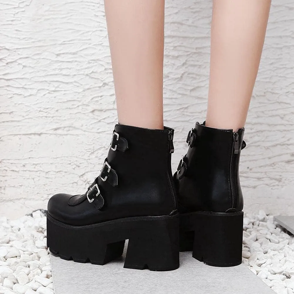 mikarka Zipper Studded Goth Platform Combat Ankle Boots for Women, Mid Chunky Block Heel Motorcycle Riding Mid Calf Boots