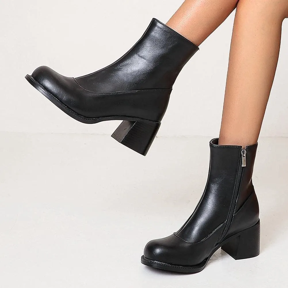 mikarka Zipper Studded Goth Platform Combat Ankle Boots for Women, Mid Chunky Block Heel Motorcycle Riding Mid Calf Boots