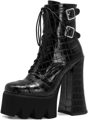 mikarka Zipper Studded Goth Platform Combat Ankle Boots for Women, Mid Chunky Block Heel Motorcycle Riding Mid Calf Boots