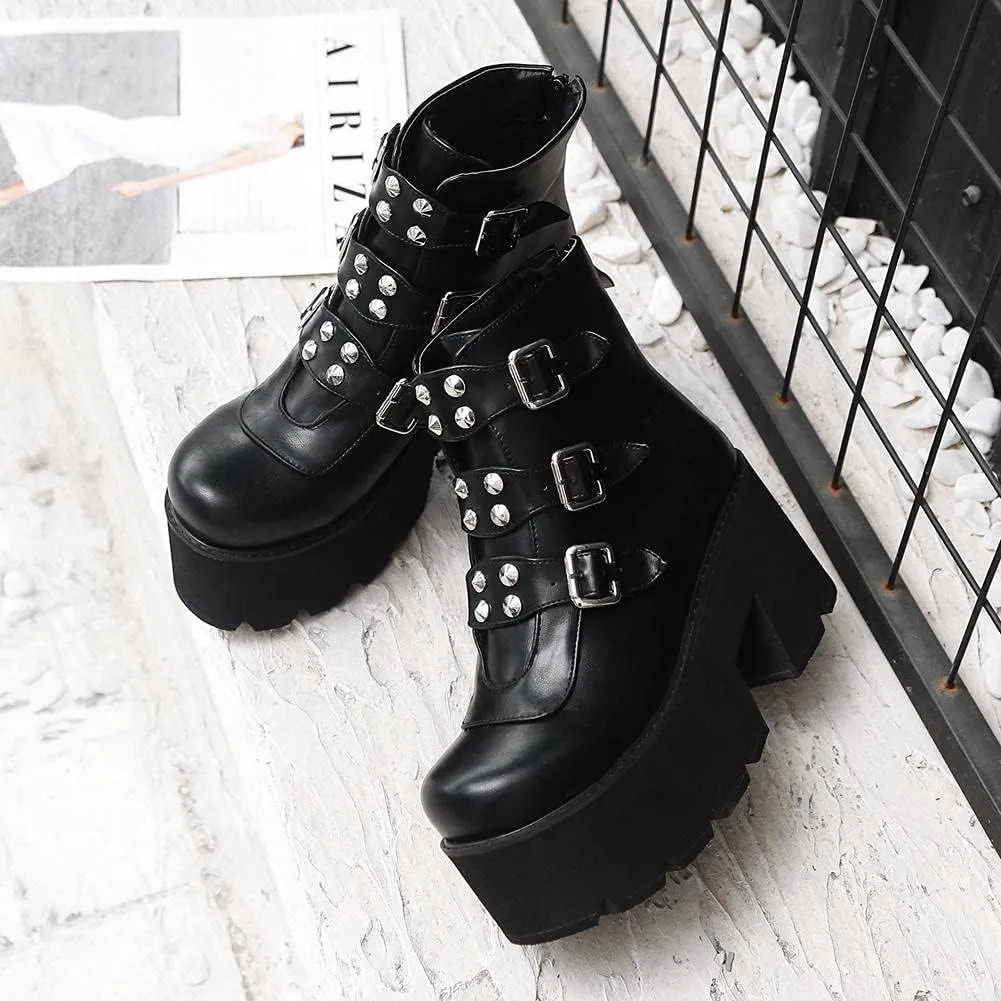 mikarka Zipper Studded Goth Platform Combat Ankle Boots for Women, Mid Chunky Block Heel Motorcycle Riding Mid Calf Boots