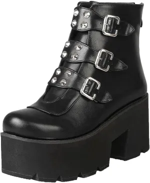 mikarka Zipper Studded Goth Platform Combat Ankle Boots for Women, Mid Chunky Block Heel Motorcycle Riding Mid Calf Boots