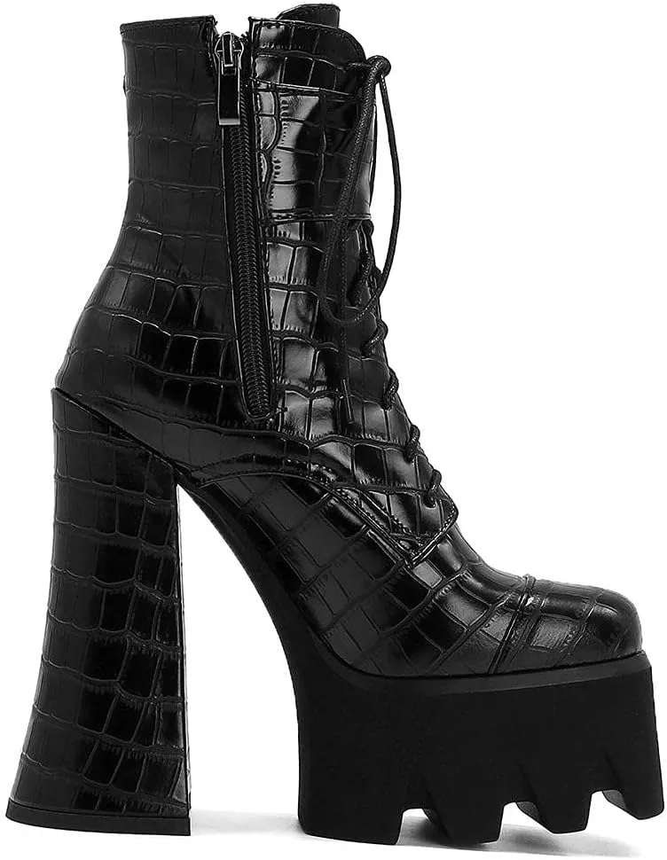mikarka Zipper Studded Goth Platform Combat Ankle Boots for Women, Mid Chunky Block Heel Motorcycle Riding Mid Calf Boots