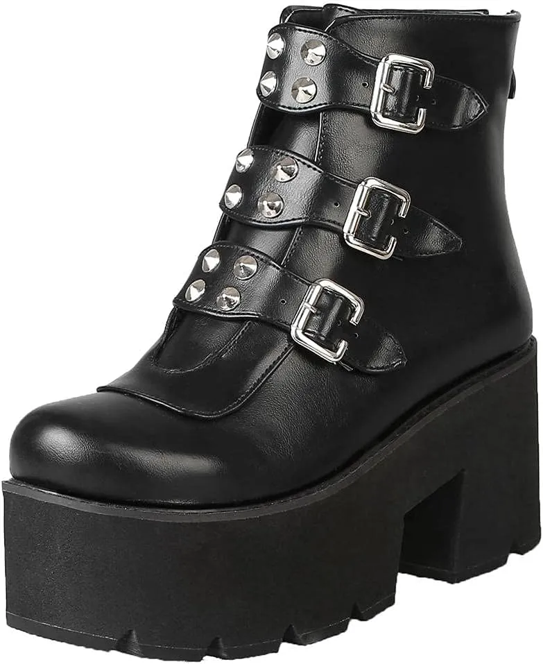 mikarka Zipper Studded Goth Platform Combat Ankle Boots for Women, Mid Chunky Block Heel Motorcycle Riding Mid Calf Boots