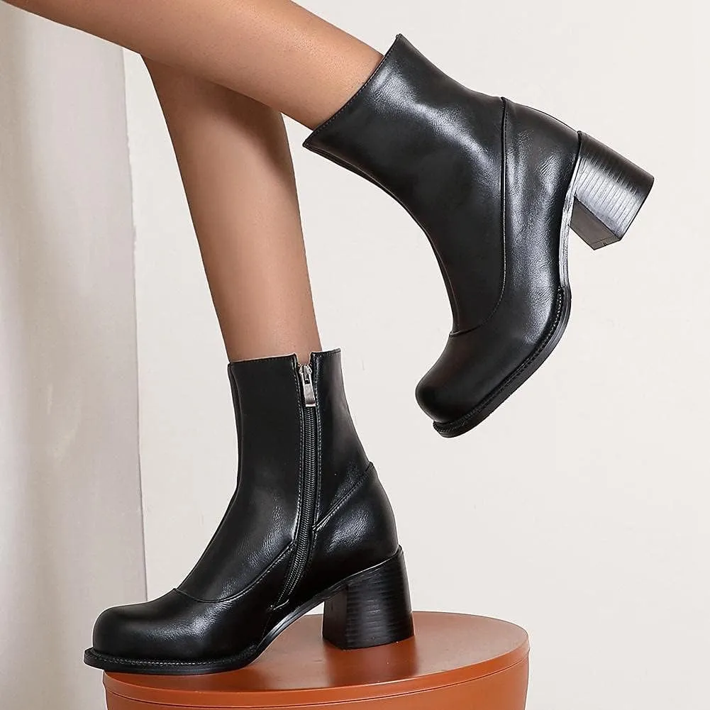 mikarka Zipper Studded Goth Platform Combat Ankle Boots for Women, Mid Chunky Block Heel Motorcycle Riding Mid Calf Boots