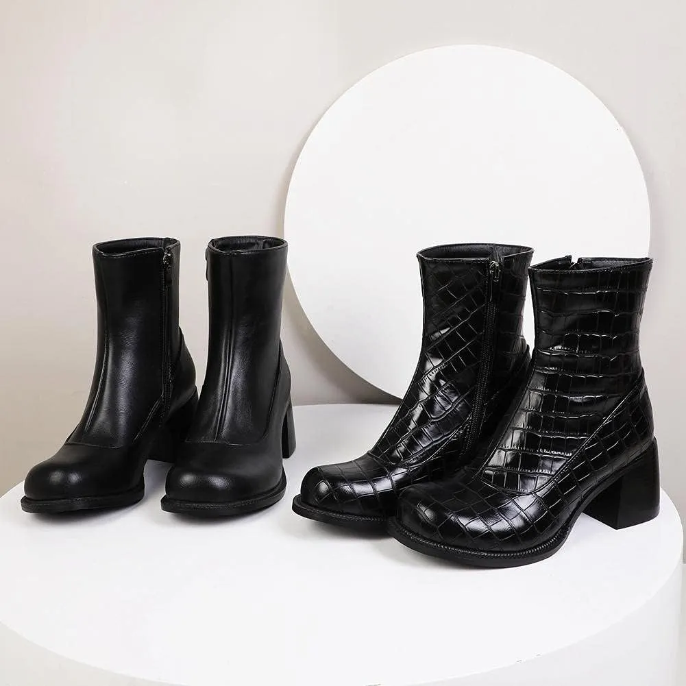 mikarka Zipper Studded Goth Platform Combat Ankle Boots for Women, Mid Chunky Block Heel Motorcycle Riding Mid Calf Boots