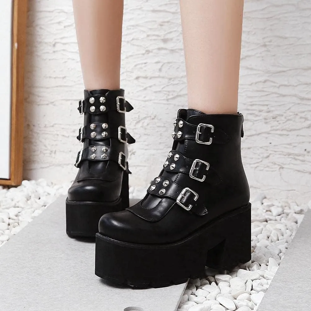 mikarka Zipper Studded Goth Platform Combat Ankle Boots for Women, Mid Chunky Block Heel Motorcycle Riding Mid Calf Boots