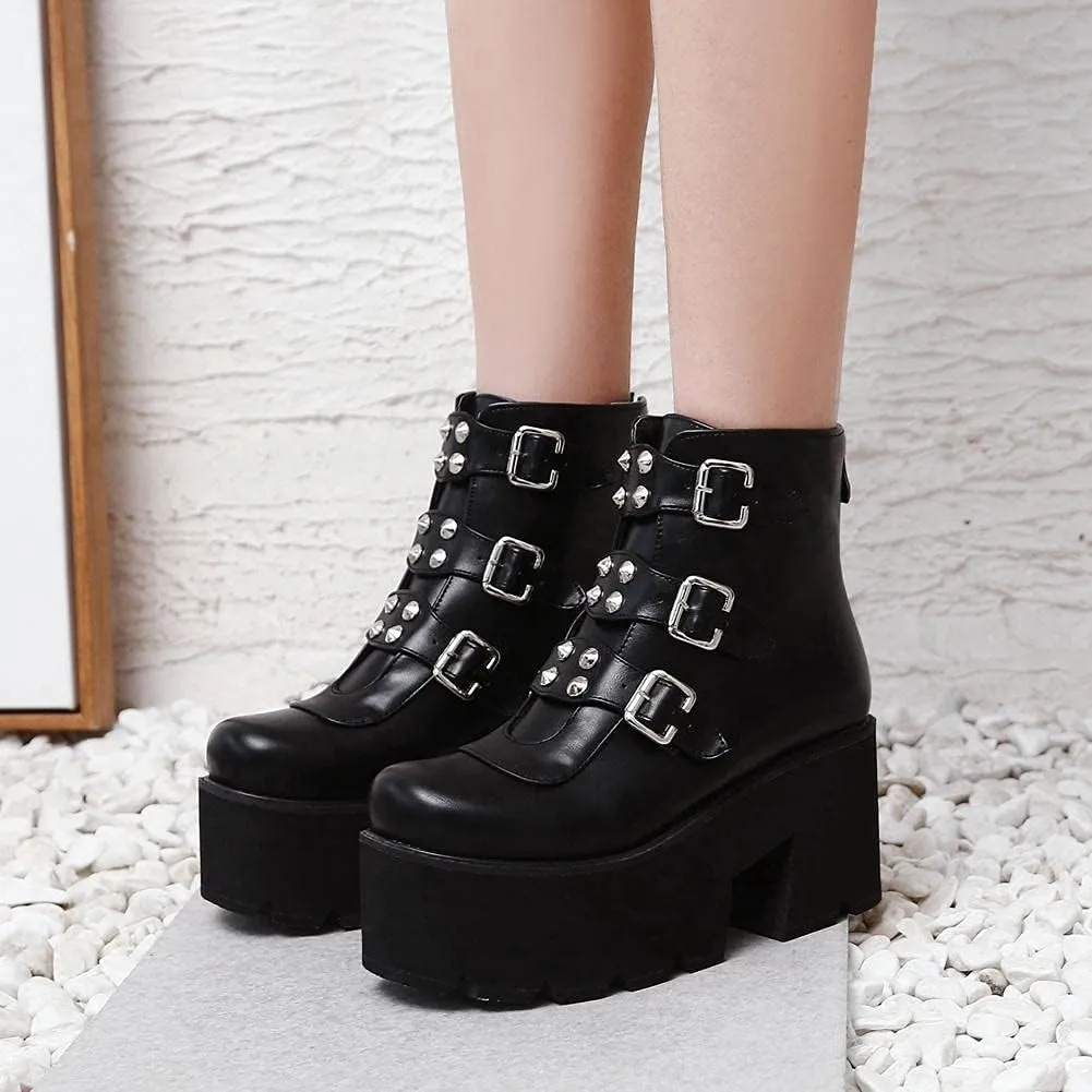 mikarka Zipper Studded Goth Platform Combat Ankle Boots for Women, Mid Chunky Block Heel Motorcycle Riding Mid Calf Boots