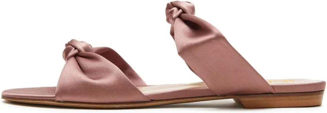 miss left Women Trendy Open Round Toe Two Knotted Straps Mules Comfortable Slip on Summer Casual Flat Sandals Size 4-16 US