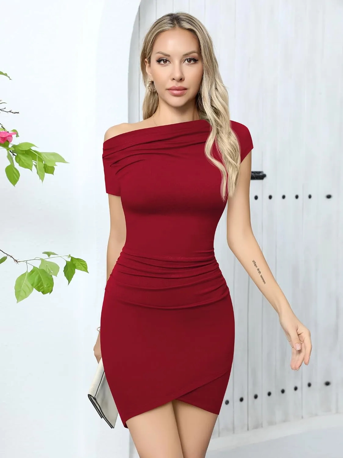 Missufe Women's One Shoulder Short Sleeve Ruched Bodycon Summer Casual Dress