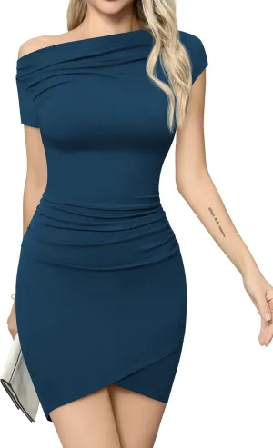 Missufe Women's One Shoulder Short Sleeve Ruched Bodycon Summer Casual Dress