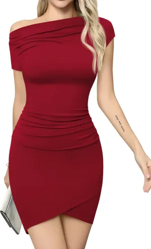 Missufe Women's One Shoulder Short Sleeve Ruched Bodycon Summer Casual Dress