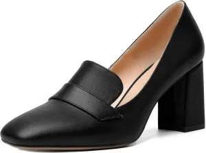 MODENCOCO Womens Sexy Formal Matte Slip On Square Toe Work Block High Heel Loafers Shoes 3.5 Inch