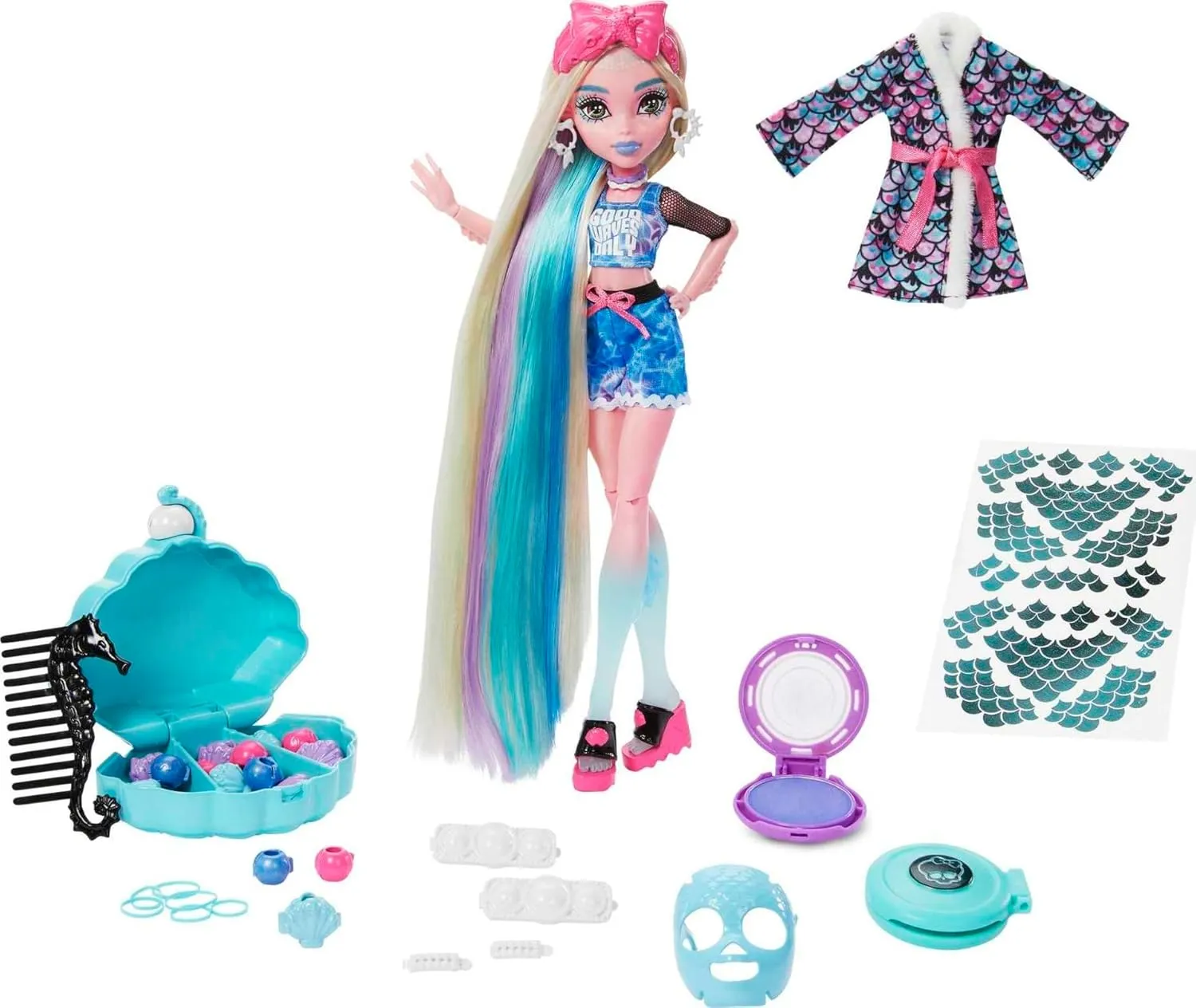 Monster High Doll, Lagoona Blue Spa Day with Wear & Share Accessories Including Hairstyling Clips, Hair Chalk & Tattoos