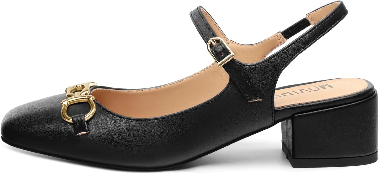 MOVINSTEPS Chunky Low Kitten Heels for Women Round Closed Toe Ankle Straps Heeled Sandals Classic Office Fashion Dress Shoes 1.8 Inch