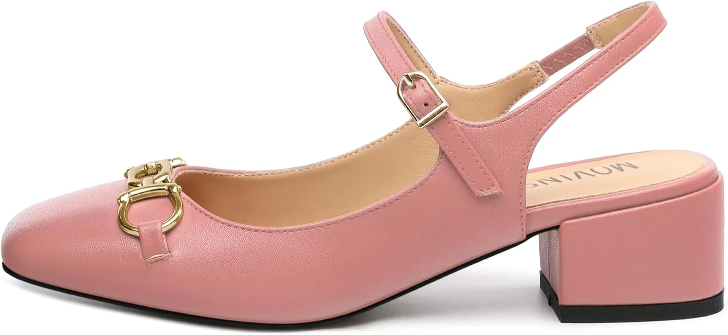 MOVINSTEPS Chunky Low Kitten Heels for Women Round Closed Toe Ankle Straps Heeled Sandals Classic Office Fashion Dress Shoes 1.8 Inch